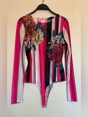 Multicolor Striped Floral Long-Sleeve Bodysuit